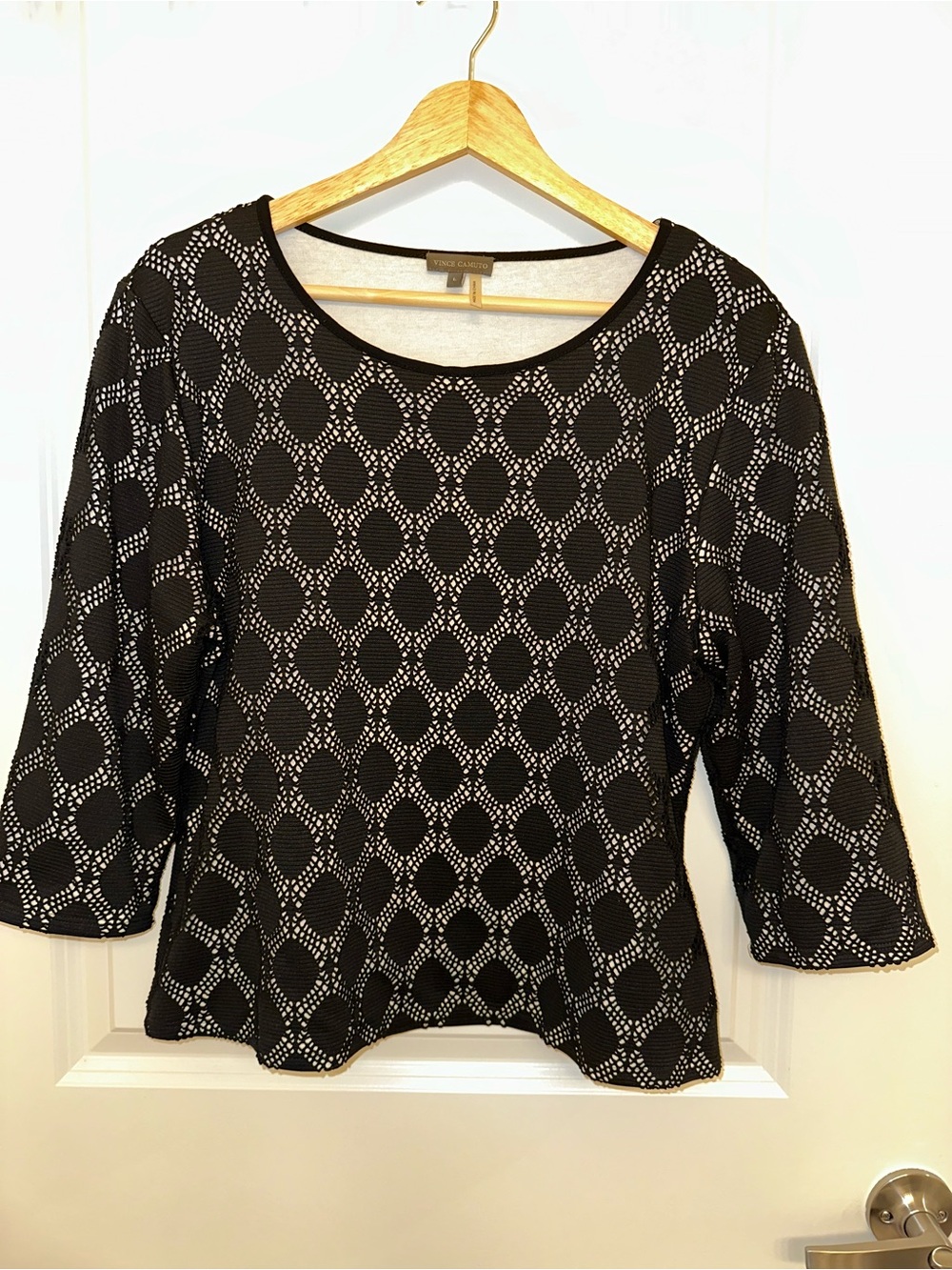 Black White Geometric Knit 3/4 Sleeve Scoop Neck Blouse